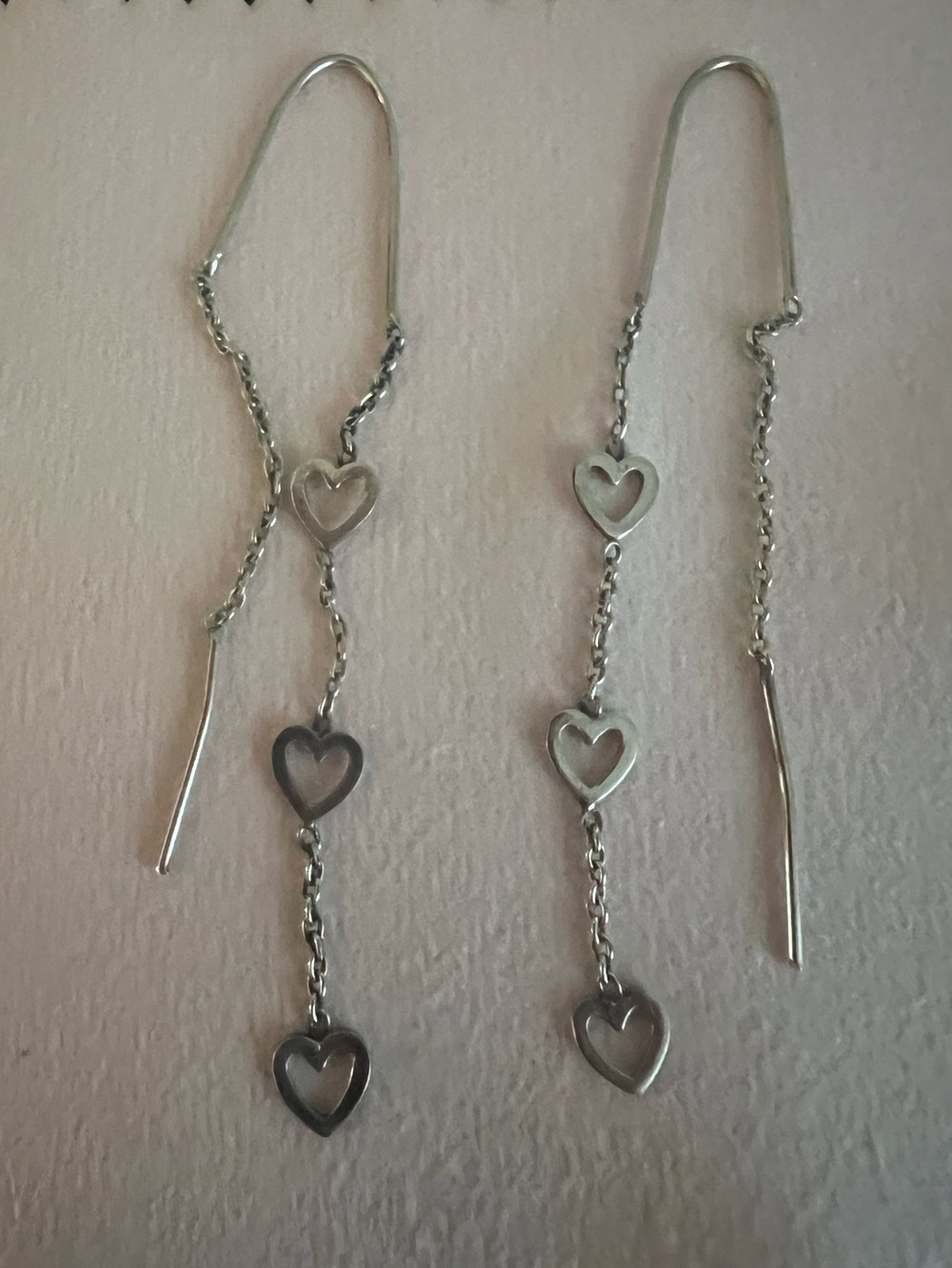 Dainty Silver Heart Threader Earrings - Three-Heart Drop